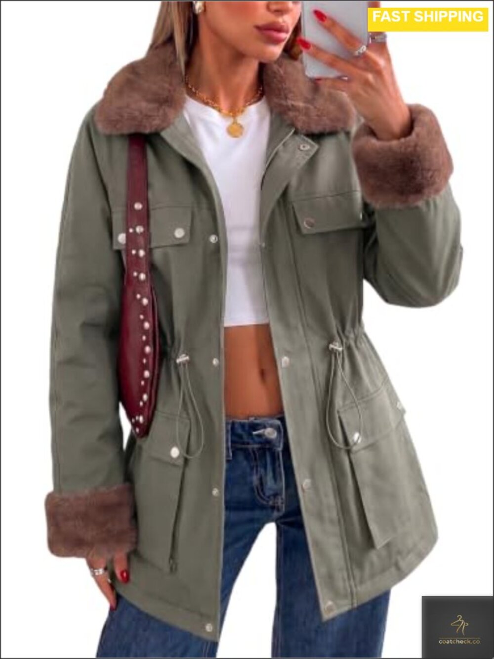 EXLURA Faux Fur Collar & Cuffs Plaid Lined Trench Coat Winter Jacket